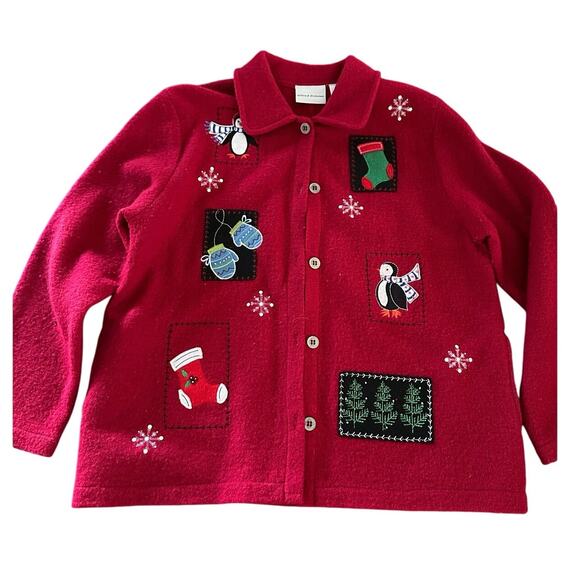 Alfred Dunner Women's Red Black Wool Ugly Christmas Cardigan Sweater Size Large - Picture 1 of 9